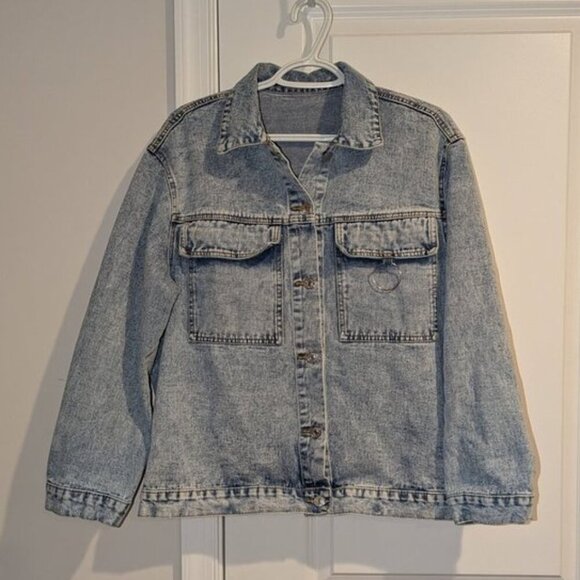*3 FOR $9* Shein Acid Washed Oversized Long Sleeve Front Pocket Jean Jacket Coat - Picture 1 of 2